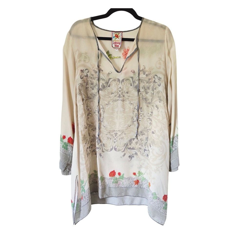 Johnny Was Small Silk Floral Damask Tunic Top Cream V-Neck Boho Chic